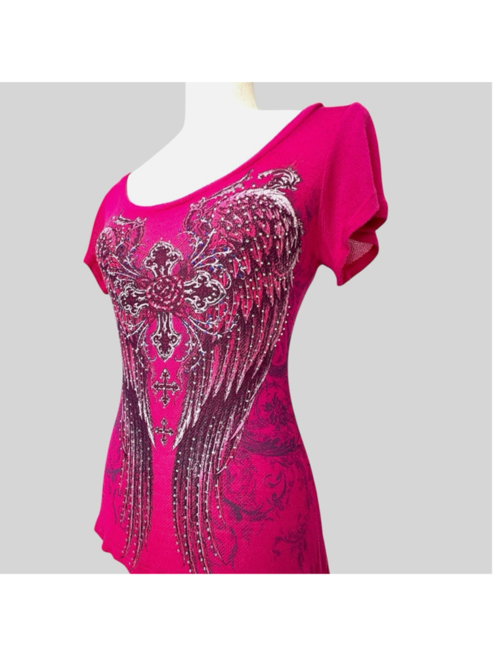 Rhinestone Angel Wings Rose Cross Top S Cyber Y2K Mall Goth From LA By Bus Stop - Picture 7 of 16